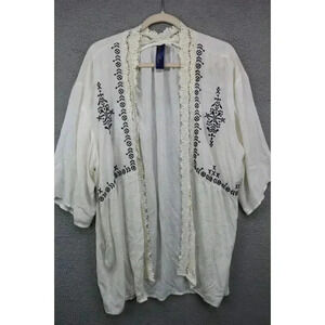 Blue Rain Embroidered Crochet Short Wide Sleeves Open Front Cardigan-Large-Boho